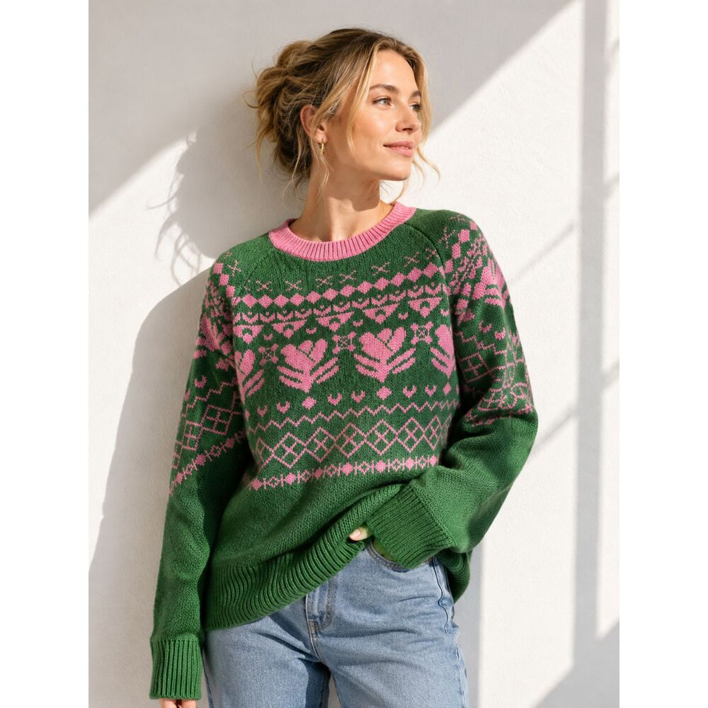 Listicle Green Pink Fair Isle Heart Sweater Women’s L Cottagecore Preppy Knit